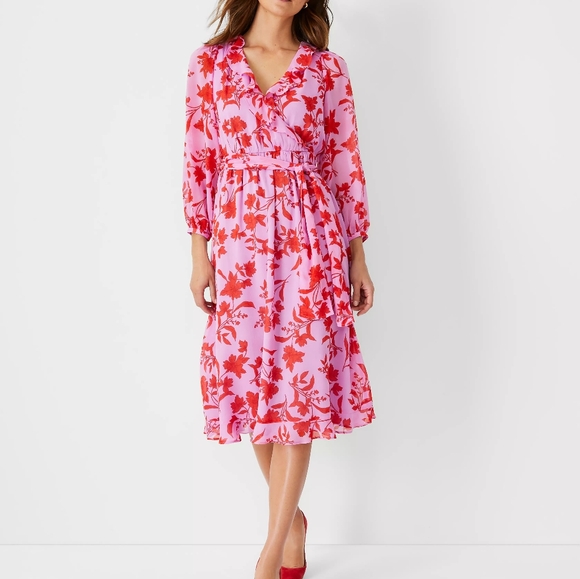 ANN TAYLOR Floral Ruffle Holiday Midi Dress - Picture 1 of 4